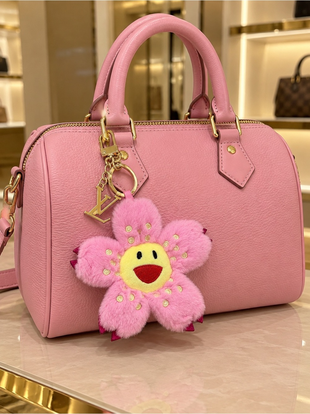 Keychain Sakura Pink Plush Flower Keychain with Gold Hardware